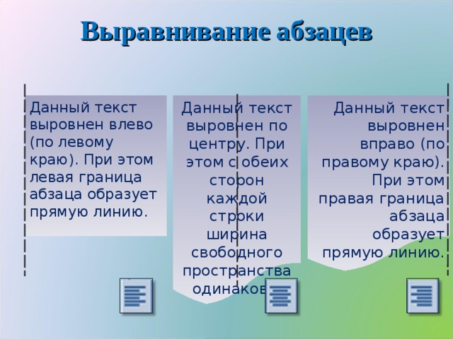 Выравнивание абзацев Данный текст выровнен по центру. При этом с обеих сторон каждой строки ширина свободного пространства одинакова. Данный текст выровнен вправо (по правому краю). При этом правая граница абзаца образует прямую линию. Данный текст выровнен влево (по левому краю). При этом левая граница абзаца образует прямую линию.