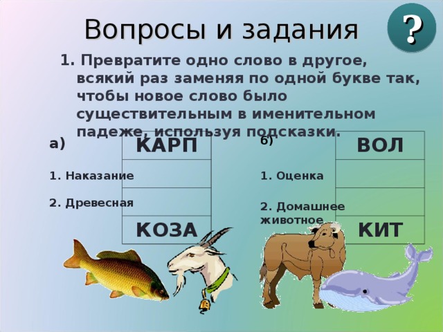 Вопросы и задания ? 1. Превратите одно слово в другое, всякий раз заменяя по одной букве так, чтобы новое слово было существительным в именительном падеже, используя подсказки. а) б) ВОЛ КАРП КОЗА КИТ 1. Наказание 1. Оценка 2. Древесная 2. Домашнее животное