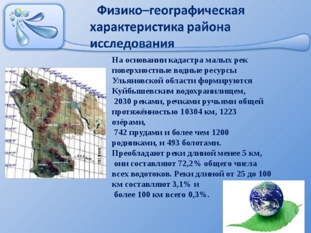 На основании кадастра малых рек поверхностные водные ресурсы Ульяновской области формируются Куйбышевским водохранилищем,  2030 реками, речками ручьями общей протяжённостью 10304 км, 1223 озёрами,  742 прудами и более чем 1200 родниками, и 493 болотами. Преобладают реки длиной менее 5 км,  они составляют 72,2% общего числа всех водотоков. Реки длиной от 25 до 100 км составляют 3,1% и  более 100 км всего 0,3%.
