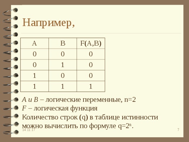 Например, А В 0 0 F (А,В) 0 1 0 1 0 0 1 1 0 1 А и В – логические переменные, n =2 F – логическая функция Количество строк ( q ) в таблице истинности можно вычислить по формуле q=2 n .  14.11.17