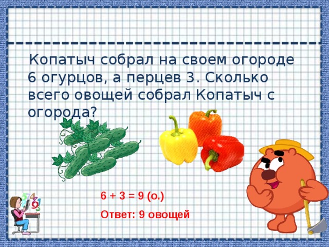 Копатыч собрал на своем огороде 6 огурцов, а перцев 3. Сколько всего овощей собрал Копатыч с огорода? 6 + 3 = 9 (о.) Ответ: 9 овощей