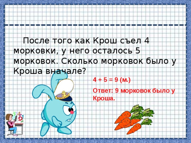 После того как Крош съел 4 морковки, у него осталось 5 морковок. Сколько морковок было у Кроша вначале? 4 + 5 = 9 (м.) Ответ: 9 морковок было у Кроша.