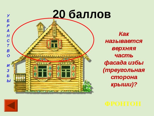 20 баллов    Как называется верхняя часть фасада избы (треугольная сторона крыши)? ФРОНТОН