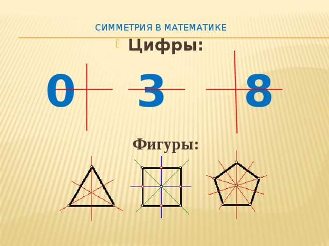 симметрия в математике      Цифры: 0 3 8   Фигуры: