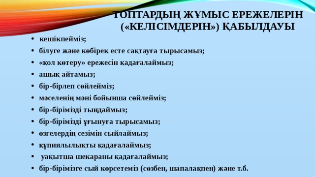 Топтардың жұмыс ережелерін («келісімдерін») қабылдауы