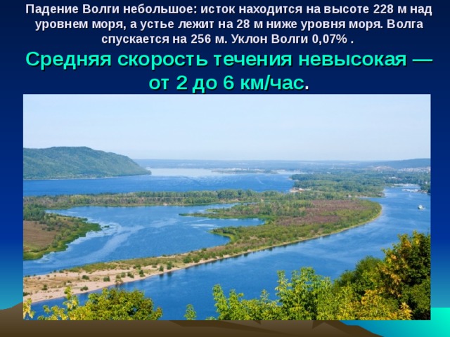Падение Волги небольшое: исток находится на высоте 228 м над уровнем моря, а устье лежит на 28 м ниже уровня моря. Волга спускается на 256 м. Уклон Волги 0,07% .  Средняя скорость течения невысокая — от 2 до 6 км/час .