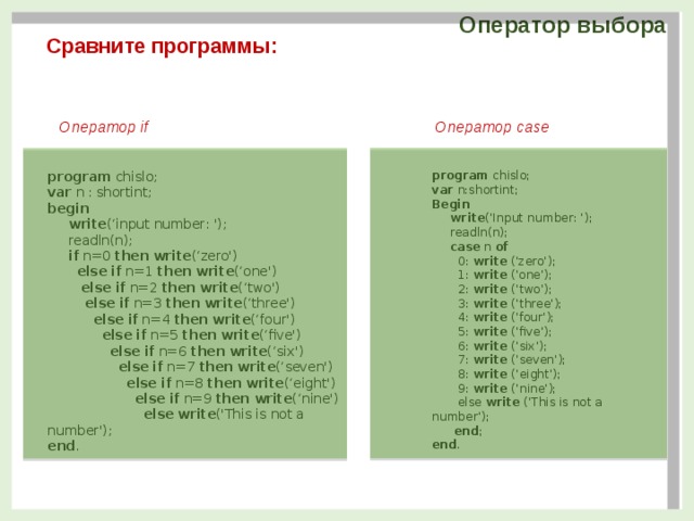 Оператор выбора Сравните программы: Оператор if Оператор case program  chislo;  var  n : shortint;  begin        write (‘input number: ');       readln(n);        if  n=0  then   write (‘zero')          else   if  n=1  then   write (‘one')           else   if  n=2  then   write (‘two')            else   if  n=3  then   write (‘three')              else   if  n=4  then   write (‘four')                else   if  n=5  then   write (‘five')                  else   if  n=6  then   write (‘six')                    else   if  n=7  then   write (‘seven')                      else   if  n=8  then   write (‘eight')                        else   if  n=9  then   write (‘nine')                          else   write ('This is not a number');  end . program chislo;  var n:shortint;  Begin        write (‘Input number: ');       readln(n);        case  n  of         0: write ('zero');         1: write ('one');         2: write (‘two');         3: write (‘three');         4: write (‘four');         5: write (‘five');         6: write (‘six');         7: write (‘seven');         8: write (‘eight');         9: write (‘nine');         else write ('This is not a number');        end ;  end .