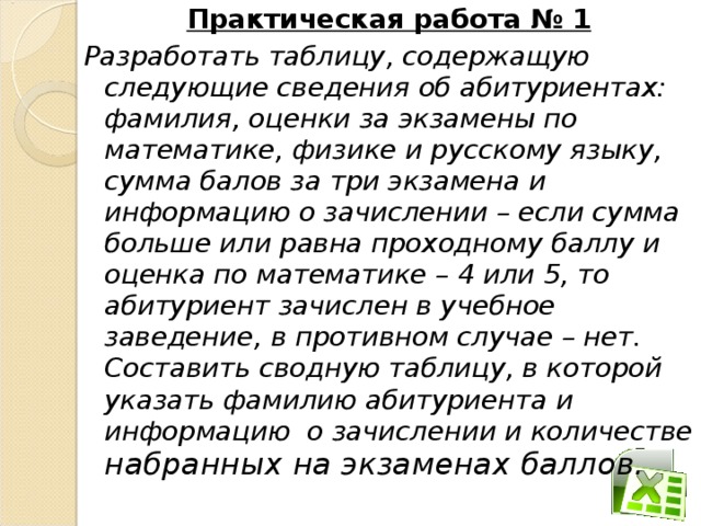 Практическая работа № 1 Разработать таблицу, содержащую следующие сведения об абитуриентах: фамилия, оценки за экзамены по математике, физике и русскому языку, сумма балов за три экзамена и информацию о зачислении – если сумма больше или равна проходному баллу и оценка по математике – 4 или 5, то абитуриент зачислен в учебное заведение, в противном случае – нет.  Составить сводную таблицу, в которой указать фамилию абитуриента и информацию  о зачислении и количестве набранных на экзаменах баллов.