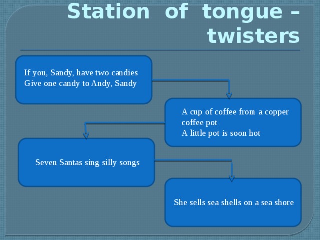 Station of tongue –twisters If you, Sandy, have two candies Give one candy to Andy, Sandy A cup of coffee from a copper coffee pot A little pot is soon hot  Seven Santas sing silly songs She sells sea shells on a sea shore