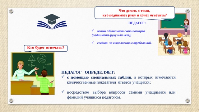 Что делать с теми,  кто поднимает руку и хочет ответить?   ПЕДАГОГ:  четко обозначает свою позицию (поднимать руку или нет);  следит за выполнением требований.  Кто будет отвечать ?  ПЕДАГОГ ОПРЕДЕЛЯЕТ: