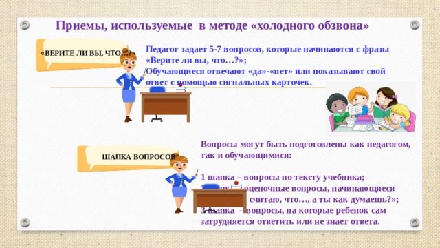 Приемы, используемые в методе «холодного обзвона» Педагог задает 5-7 вопросов, которые начинаются с фразы «Верите ли вы, что…?»; Обучающиеся отвечают «да»-«нет» или показывают свой ответ с помощью сигнальных карточек. « ВЕРИТЕ ЛИ ВЫ, ЧТО…?» Вопросы могут быть подготовлены как педагогом, так и обучающимися:  1 шапка – вопросы по тексту учебника; 2 шапка – оценочные вопросы, начинающиеся  со слов: «Я считаю, что…, а ты как думаешь?»; 3 шапка – вопросы, на которые ребенок сам затрудняется ответить или не знает ответа. ШАПКА ВОПРОСОВ