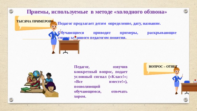 Приемы, используемые в методе «холодного обзвона» Педагог предлагает детям определение, дату, название.  Обучающиеся приводят примеры, раскрывающие  смысл заданного педагогом понятия. ТЫСЯЧА ПРИМЕРОВ Педагог, озвучив конкретный вопрос, подает условный сигнал («Класс!»; «Все вместе!»), позволяющий обучающимся, отвечать хором. ВОПРОС – ОТВЕТ