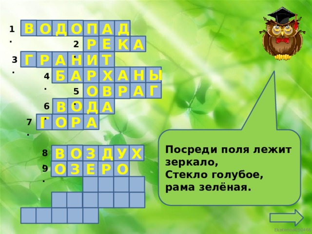 В О Д О П Д А 1. Е К А Р 2. Г Н Т И А Р 3. Ы Н А Р А Б Х 4. Г А В О Р 5. О А Д В 6. А О Р Г 7. Посреди поля лежит зеркало, Стекло голубое, рама зелёная. У О Х З В Д 8. О З О Е Р 9.