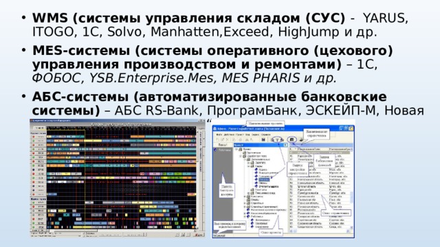 WMS (системы управления складом (СУС) - YARUS, ITOGO, 1C, Solvo, Manhatten,Exceed, HighJump и др. MES-системы (системы оперативного (цехового) управления производством и ремонтами) – 1С, ФОБОС, YSB.Enterprise.Mes , MES PHARIS и др. АБС-системы (автоматизированные банковские системы) – АБС RS-Bank, ПрограмБанк , ЭСКЕЙП-М , Новая Афина, БИС , АБС 