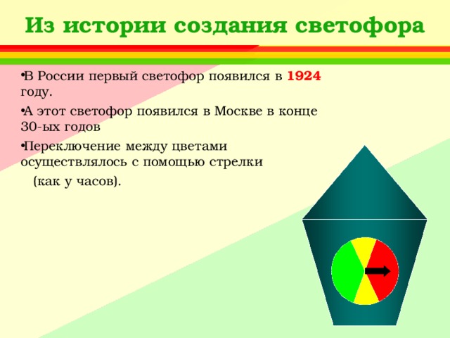 Из истории создания светофора В России первый светофор появился в 1924 году. А этот светофор появился в Москве в конце 30-ых годов Переключение между цветами осуществлялось с помощью стрелки  (как у часов).