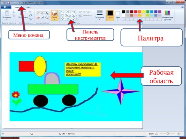 Панель инструментов Палитра Меню команд Рабочая область