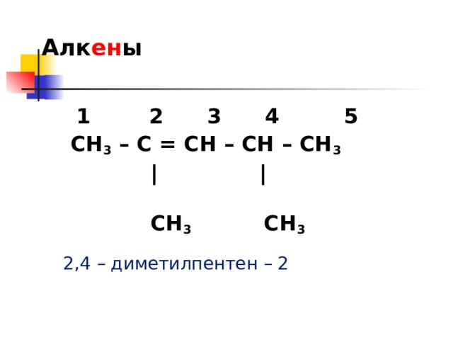 Алк ен ы  1 2 3 4 5  СН 3 – С = СН – СН – СН 3   | |  СН 3 СН 3  2,4 – диметилпентен – 2