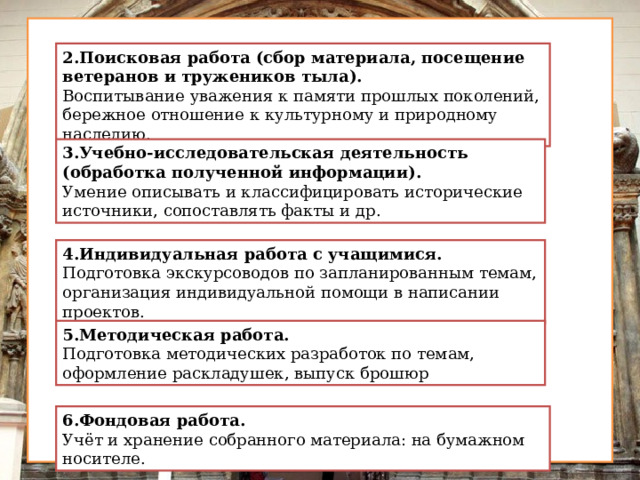 2.Поисковая работа (сбор материала, посещение ветеранов и тружеников тыла). Воспитывание уважения к памяти прошлых поколений, бережное отношение к культурному и природному наследию. 3.Учебно-исследовательская деятельность (обработка полученной информации). Умение описывать и классифицировать исторические источники, сопоставлять факты и др. 4.Индивидуальная работа с учащимися. Подготовка экскурсоводов по запланированным темам, организация индивидуальной помощи в написании проектов. 5.Методическая работа. Подготовка методических разработок по темам, оформление раскладушек, выпуск брошюр 6.Фондовая работа. Учёт и хранение собранного материала: на бумажном носителе.