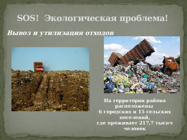 SOS! Экологическая проблема! Вывоз и утилизация отходов На территории района расположены 6 городских и 15 сельских поселений, где проживает 217,7 тысяч человек