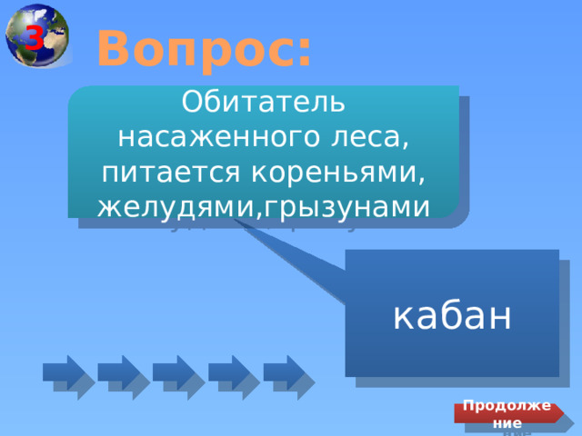 3 Вопрос: Обитатель насаженного леса, питается кореньями, желудями,грызунами кабан Продолжение