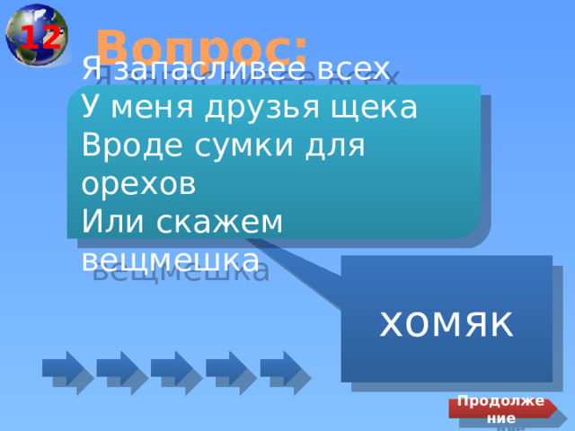 12 Вопрос: Я запасливее всех У меня друзья щека Вроде сумки для орехов Или скажем вещмешка хомяк Продолжение