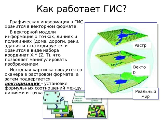 Как работает ГИС? Графическая информация в ГИС хранится в векторном формате. В векторной модели информация о точках, линиях и полилиниях (дома, дороги, реки, здания и т.п.) кодируется и хранится в виде набора координат X,Y ( Z, T) , что позволяет манипулировать изображением. Исходная картинка вводится со сканера в растровом формате, а затем подвергается векторизации – установке формульных соотношений между линиями и точками. Растр Вектор Реальный мир