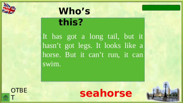 Who’s this? It has got a long tail, but it hasn’t got legs. It looks like a horse. But it can’t run, it can swim. ОТВЕТ seahorse