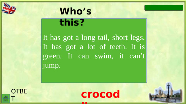 Who’s this? It has got a long tail, short legs. It has got a lot of teeth. It is green. It can swim, it can’t jump. ОТВЕТ crocodile