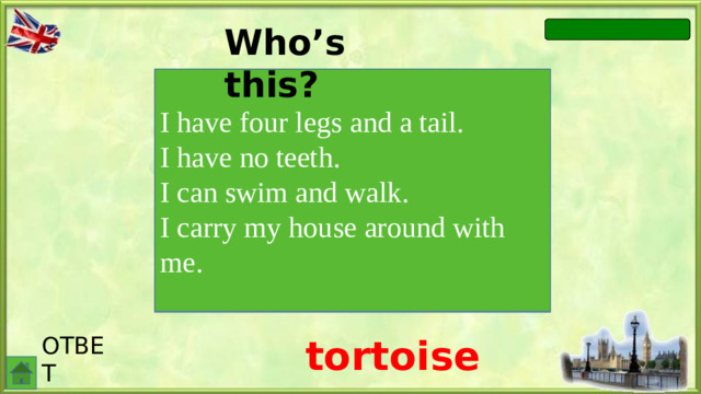 Who’s this? I have four legs and a tail. I have no teeth. I can swim and walk. I carry my house around with me. ОТВЕТ tortoise