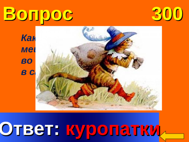 Вопрос 300 Какие птицы попались в мешок, когда кот охотился во второй раз в сказке «Кот в сапогах»? Welcome to Power Jeopardy   © Don Link, Indian Creek School, 2004 You can easily customize this template to create your own Jeopardy game. Simply follow the step-by-step instructions that appear on Slides 1-3. Ответ: куропатки