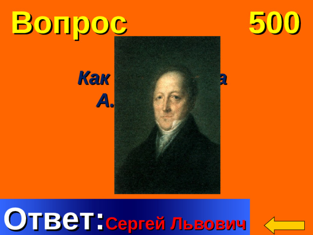 Вопрос 500 Как звали отца  А.С.Пушкина Welcome to Power Jeopardy   © Don Link, Indian Creek School, 2004 You can easily customize this template to create your own Jeopardy game. Simply follow the step-by-step instructions that appear on Slides 1-3. Ответ: Сергей  Львович