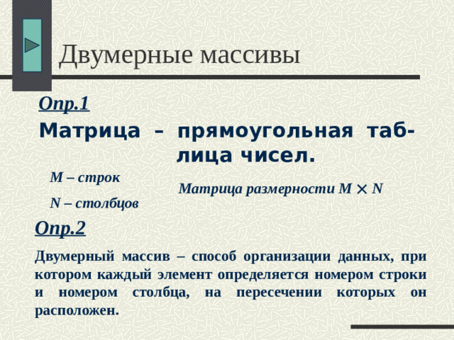 Двумерные массивы  Опр.1  Матрица – прямоугольная таб-лица чисел. M – строк N – столбцов Матрица размерности M   N Опр.2 Двумерный массив – способ организации данных, при котором каждый элемент определяется номером строки и номером столбца, на пересечении которых он расположен.