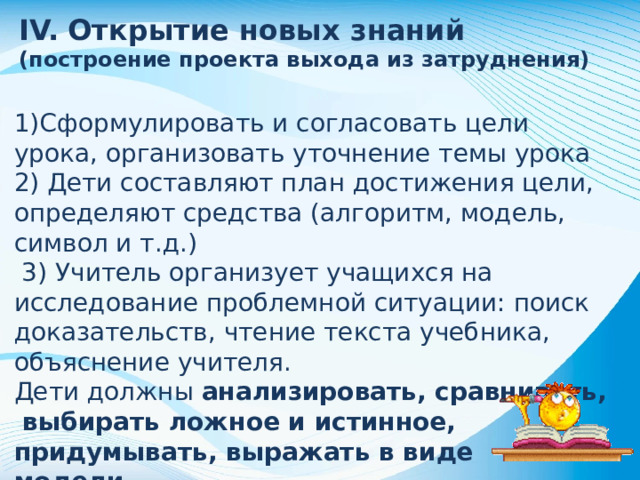 IV. Открытие новых знаний (построение проекта выхода из затруднения) 1)Сформулировать и согласовать цели урока, организовать уточнение темы урока 2) Дети составляют план достижения цели, определяют средства (алгоритм, модель, символ и т.д.) 3) Учитель организует учащихся на исследование проблемной ситуации: поиск доказательств, чтение текста учебника, объяснение учителя. Дети должны анализировать, сравнивать, выбирать ложное и истинное, придумывать, выражать в виде модели …