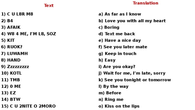 Text Translation    1) C U L8R M8 a) As far as I know 2) B4 b) Love you with all my heart 3) AFAIK c) Boring 4) W8 4 ME, I’M L8, SOZ d) Text me back 5) KIT e) Have a nice day 6) RUOK? f) See you later mate 7) LUWAMH 8) HAND g) Keep in touch 9) Zzzzzzzzz h) Easy 10) KOTL i) Are you okay? 11) TMB j) Wait for me, I’m late, sorry 12) 0 ME k) See you tonight or tomorrow 13) EZ l) By the way m) Before 14) BTW 15) C U 2NITE O 2MORO n) Ring me o) Kiss on the lips
