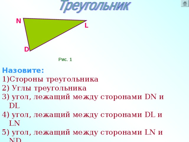 N L  D  Назовите: Стороны  треугольника 2) Углы треугольника 3) угол, лежащий между сторонами DN и DL 4) угол, лежащий между сторонами DL и LN 5) угол, лежащий между сторонами LN и ND Рис. 1