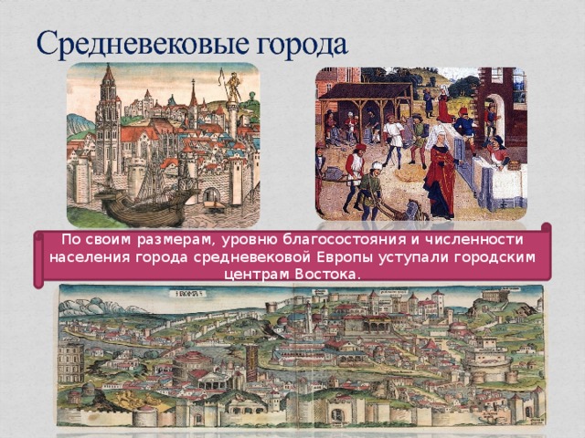 По своим размерам, уровню благосостояния и численности населения города средневековой Европы уступали городским центрам Востока.