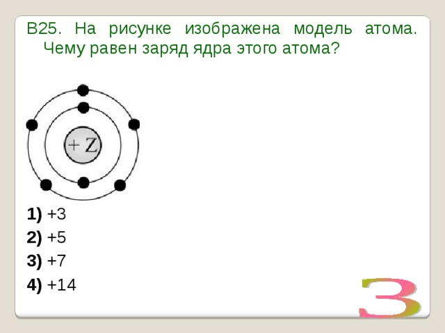 В25. На рисунке изображена модель атома. Чему равен заряд ядра этого атома?          1)  +3     2)  +5     3)  +7     4)  +14