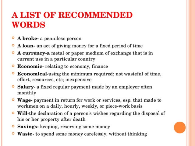 A LIST OF RECOMMENDED WORDS