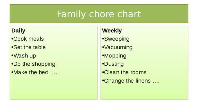 Family chore chart Daily Weekly
