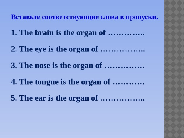 Вставьте соответствующие слова в пропуски. 1. The brain is the organ of ………….. 2. The eye is the organ of …………….. 3. The nose is the organ of …………… 4. The tongue is the organ of ………… 5. The ear is the organ of ……………..