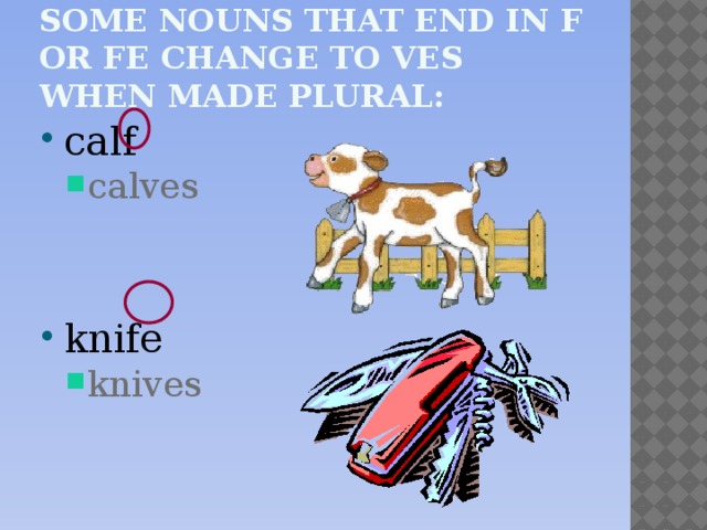Some nouns that end in f or fe change to ves when made plural: