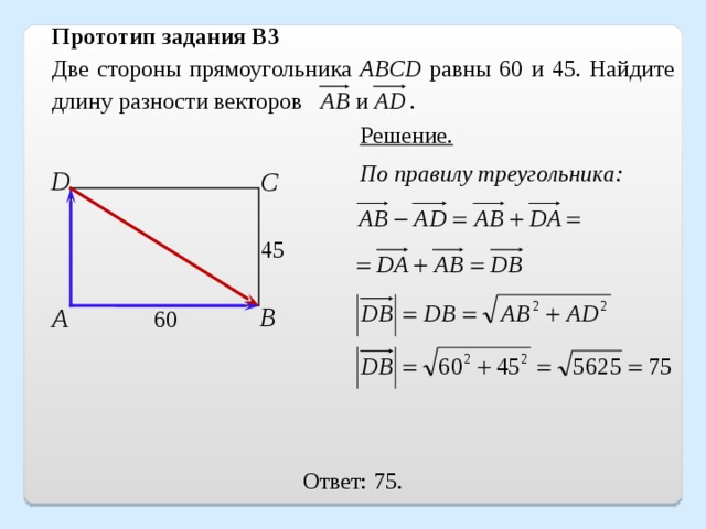 Прототип задания B3 Две стороны прямоугольника ABCD равны 60 и 45. Найдите длину разности векторов  и   . Решение. По правилу треугольника: D С 45 В А 60 Ответ: 75.