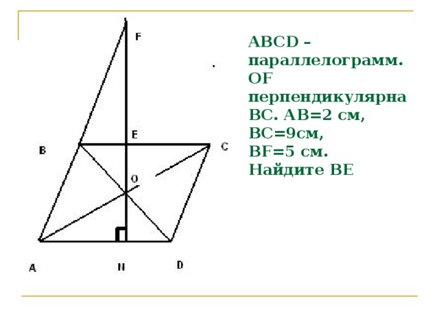 ABCD –параллелограмм.  OF перпендикулярна ВС. АВ=2 см,  ВС=9см,  BF=5 cм.  Найдите ВЕ