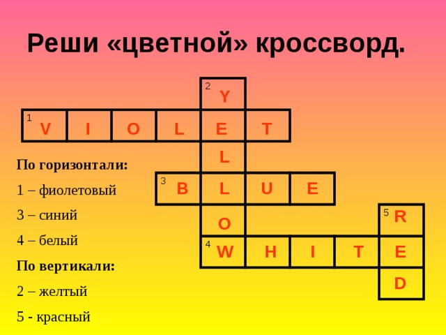 Реши «цветной» кроссворд. 1 2 3 4 5 Y V T E O I L L По горизонтали: 1 – фиолетовый 3 – синий 4 – белый По вертикали: 2 – желтый 5 - красный E L B U R O H I T E W D