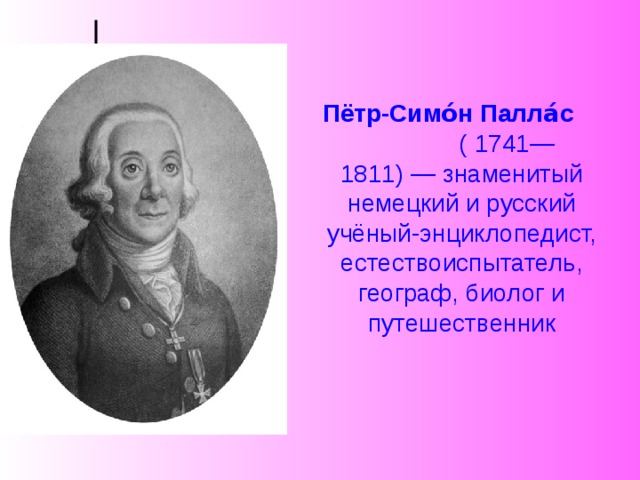 Пётр-Симо́ н  Палла́с   ( 1741—1811) — знаменитый немецкий и русский учёный-энциклопедист, естествоиспытатель, географ , биолог и путешественник