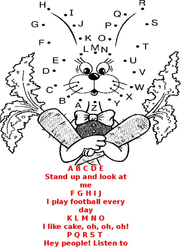 A B C D E Stand up and look at me F G H I J  I play football every day K L M N O I like cake, oh, oh, oh! P Q R S T Hey people! Listen to me U V W X Y Z The alphabet is in my head!