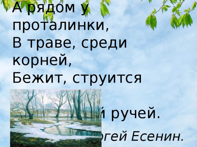 А рядом у проталинки, В траве, среди корней, Бежит, струится маленький серебряный ручей. Сергей Есенин.