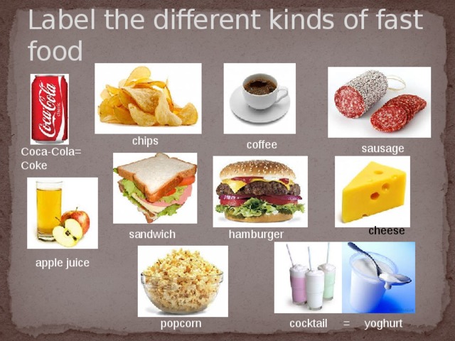 Label the different kinds of fast food chips coffee sausage Coca-Cola= Coke cheese hamburger sandwich apple juice popcorn cocktail yoghurt =