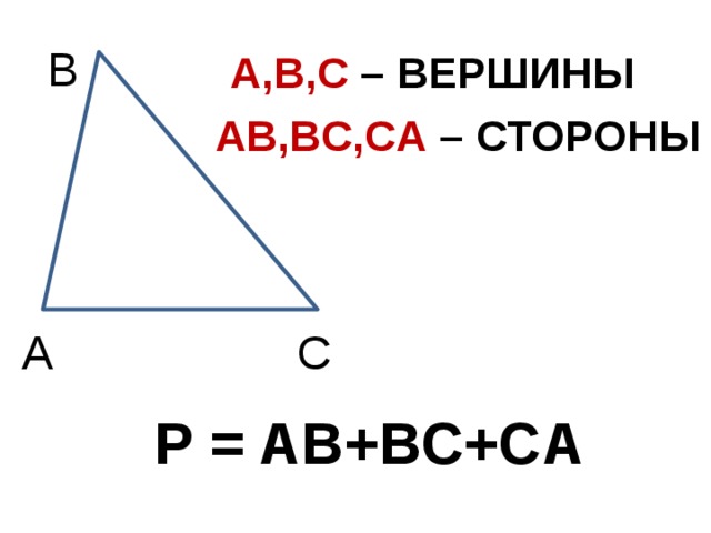A,B,C – ВЕРШИНЫ В AВ,BС,CА – СТОРОНЫ С А Р = AB+BC+СA