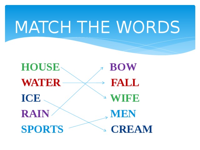 MATCH THE WORDS HOUSE  BOW WATER  FALL ICE WIFE RAIN  MEN  SPORTS CREAM